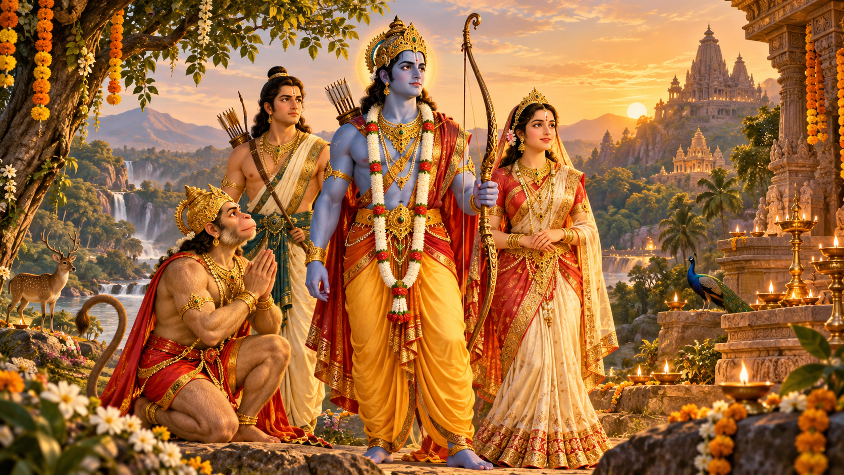 Ilustración del Ramayana con Rama, Sita, Lakshmana y Hanuman